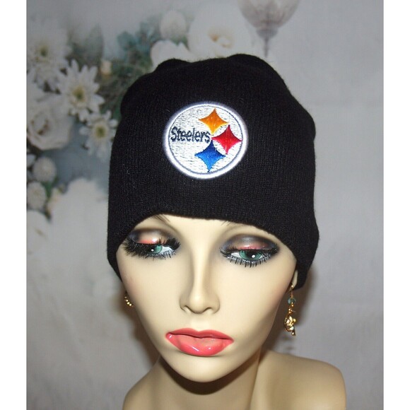 Pittsburgh Steelers Football Team Logo Black Cuffless Beanie Knit Cap Hat - Picture 1 of 2